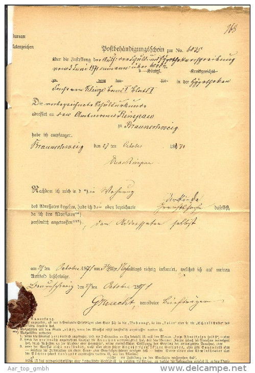 Heimat DE NS Braunschweig 1871-10-27 Postbehändigungsschein - Saxe