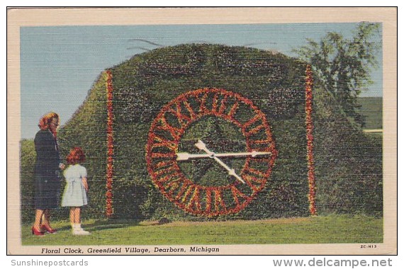 Michigan Dearborn Floral Clock Greenfield Village 1952 Curteich - Dearborn