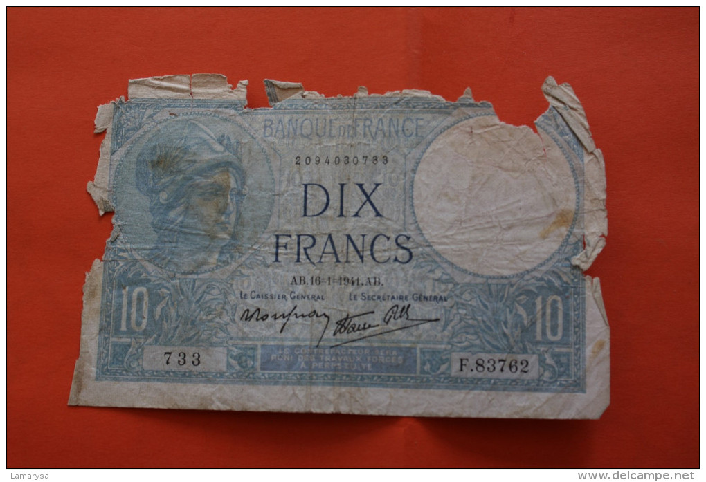 1941 BILLET DE BANQUE BANK-BILL FRANCE BILLET DE 10 FRANCS MINERVE - 10 F 1916-1942 ''Minerve''