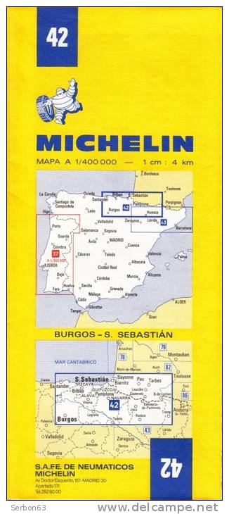 CARTE MICHELIN N°42 NEUVE PATINE SOLDE LIBRAIRIE MANUFACTURE FRANCAISE DES PNEUMATIQUES TOURISME FRANCE 1978 BURGOS S. S - Kaarten & Atlas