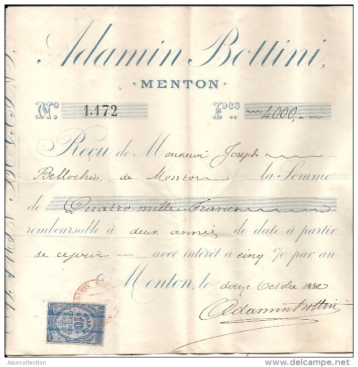 MENTON . BOTTINI . RECU DE 4000FRS - Bills Of Exchange