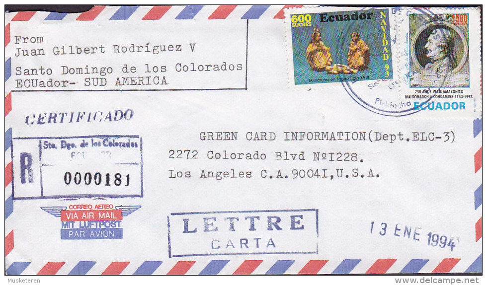 Ecuador Registered Certificado SANTO DOMINGO De Los COLORADOS 1994 Cover Letra LOS ANGELES United States - Ecuador