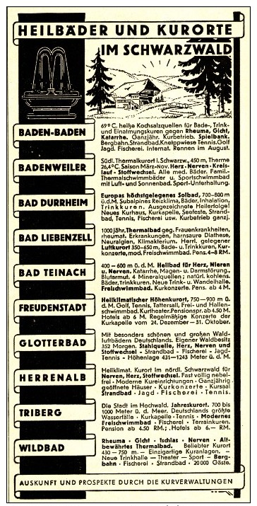 Original-Werbung/ Anzeige 1939 - HEILBÄDER UND KURORTE IM SCHWARZWALD - Ca. 90 X 180 Mm - Advertising