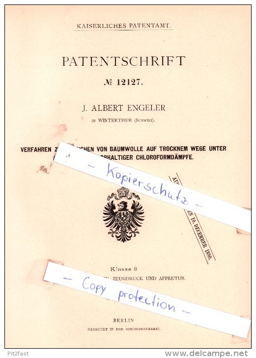 Original Patent - J. Albert Engeler In Winterthur , Schweiz , 1880 , Bleichen Von Baumwolle !!! - Documents Historiques
