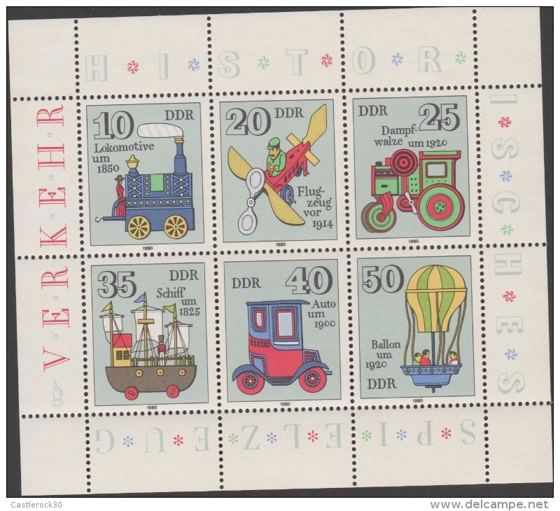 O) 1980 GERMANY - DDR, OLD MEDIA TRANSPORT, TRAIN, AIRPLANE, BOAT, CAR, BALLOON., MNH - Unused Stamps
