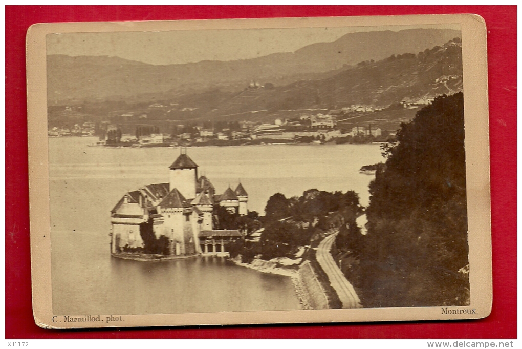 HAA-38  Photo Mermillod Montreux Château De Chillon Sur Le Lac Léman. Ligne Chemin De Fer. Mention Au Dos : 4 Oct. 1885 - Autres & Non Classés