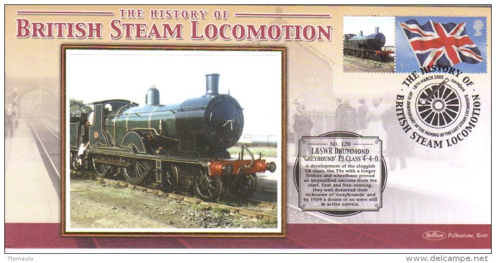 British Steam Locomotion  -  L&SWR Drummond 'Greyhound' T9 Class 4-4-0  -  Benham Silk FDC  -  1er Jour Enveloppe - Trains