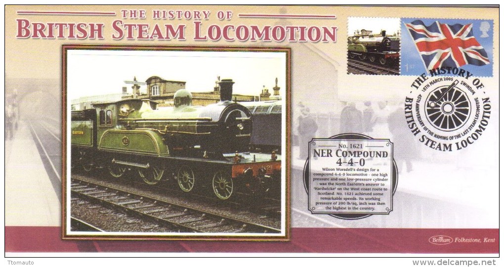 British Steam Locomotion  -  NER Compound 4-4-0  -  Benham Silk FDC  -  1er Jour Enveloppe - Treni