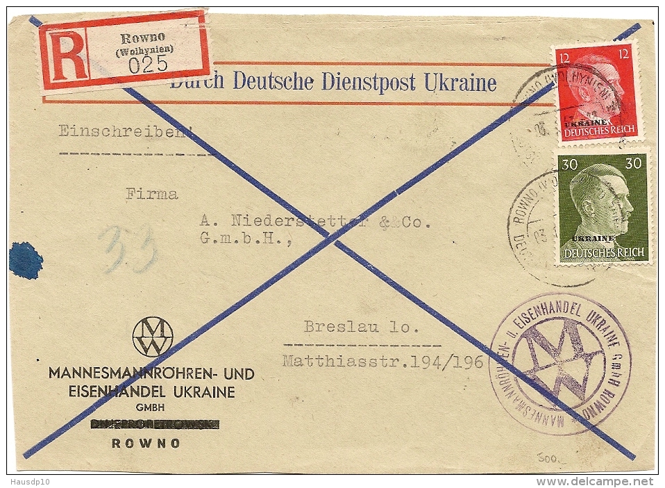 DR Besetzung Ukraine Reco Briefausschnitt Mif. Mi.8,14 Rowno N. Breslau (9) - Occupation 1938-45