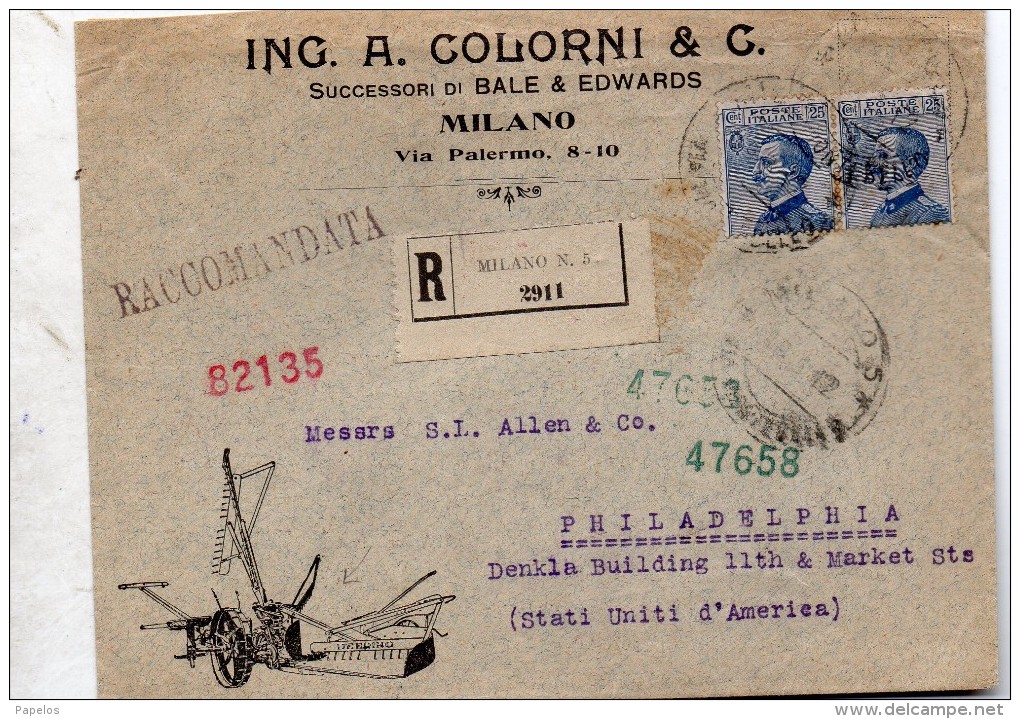 1912 LETTERA RACCOMANDATA INTESTATA ING. A. COLORNI & C.  CON ANNULLO MILANO 5 PER PHILADELPHIA - Storia Postale