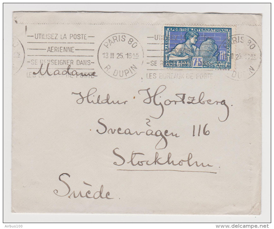 LETTRE PARIS 80  RUE DUPIN 13 MARS 1925 POUR STOCKHOLM Y & T N° 214 SEUL SUR LETTRE - 3 Scans - - 1921-1960: Modern Period