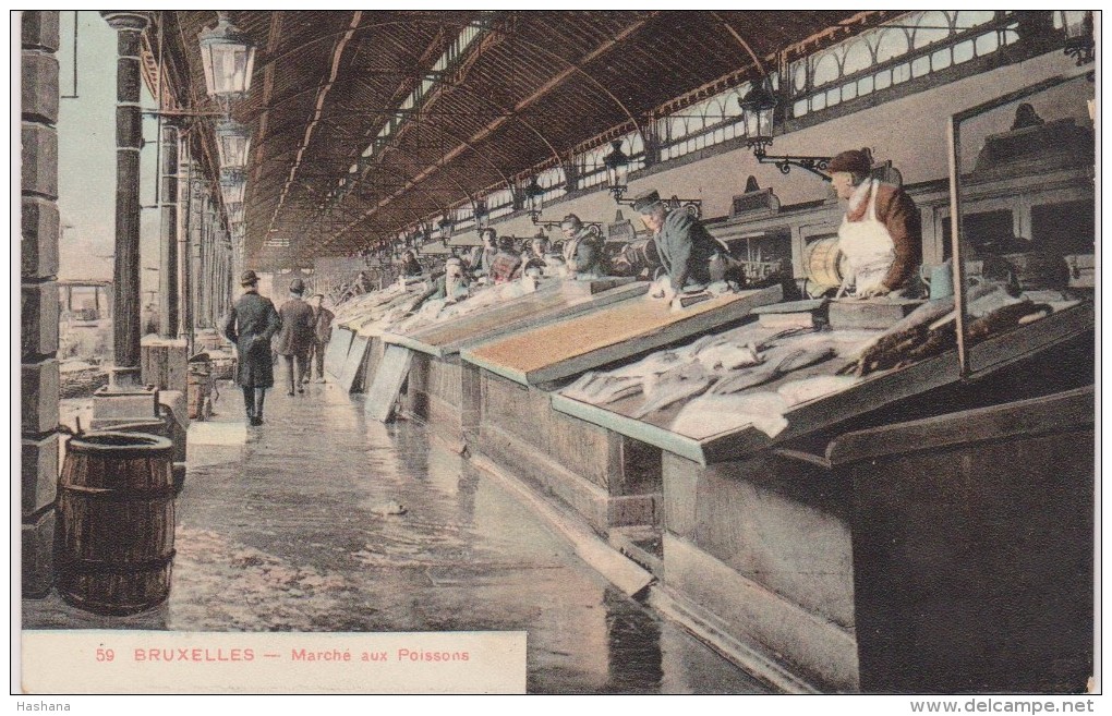 Cpa Bruxelles Animée. Marché Aux Poissons. N°59 Colorisée - Marchés