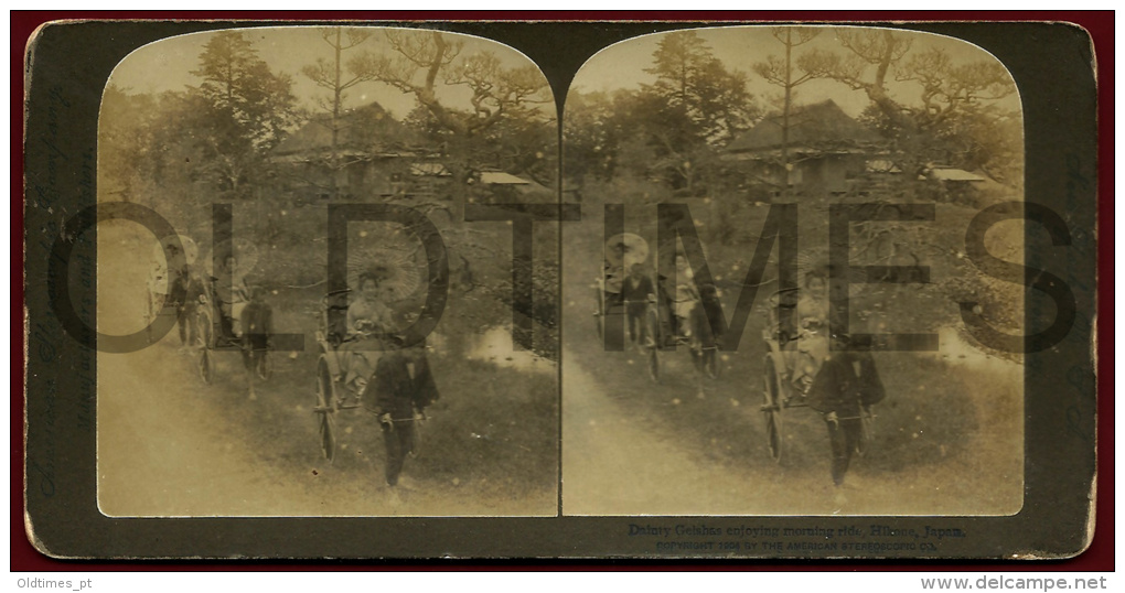 JAPAN - HIKONE - DAINTY GEISHAS ENJOYING MORNING RIDE - STEREO - 1900 STEREOSCOPIC REAL PHOTO - Stereoscoopen