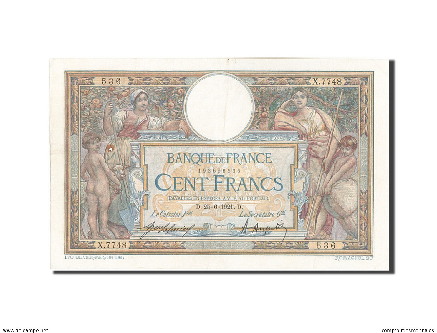 Billet, France, 100 Francs, 100 F 1908-1939 ''Luc Olivier Merson'', 1921 - 100 F 1908-1939 ''Luc Olivier Merson''