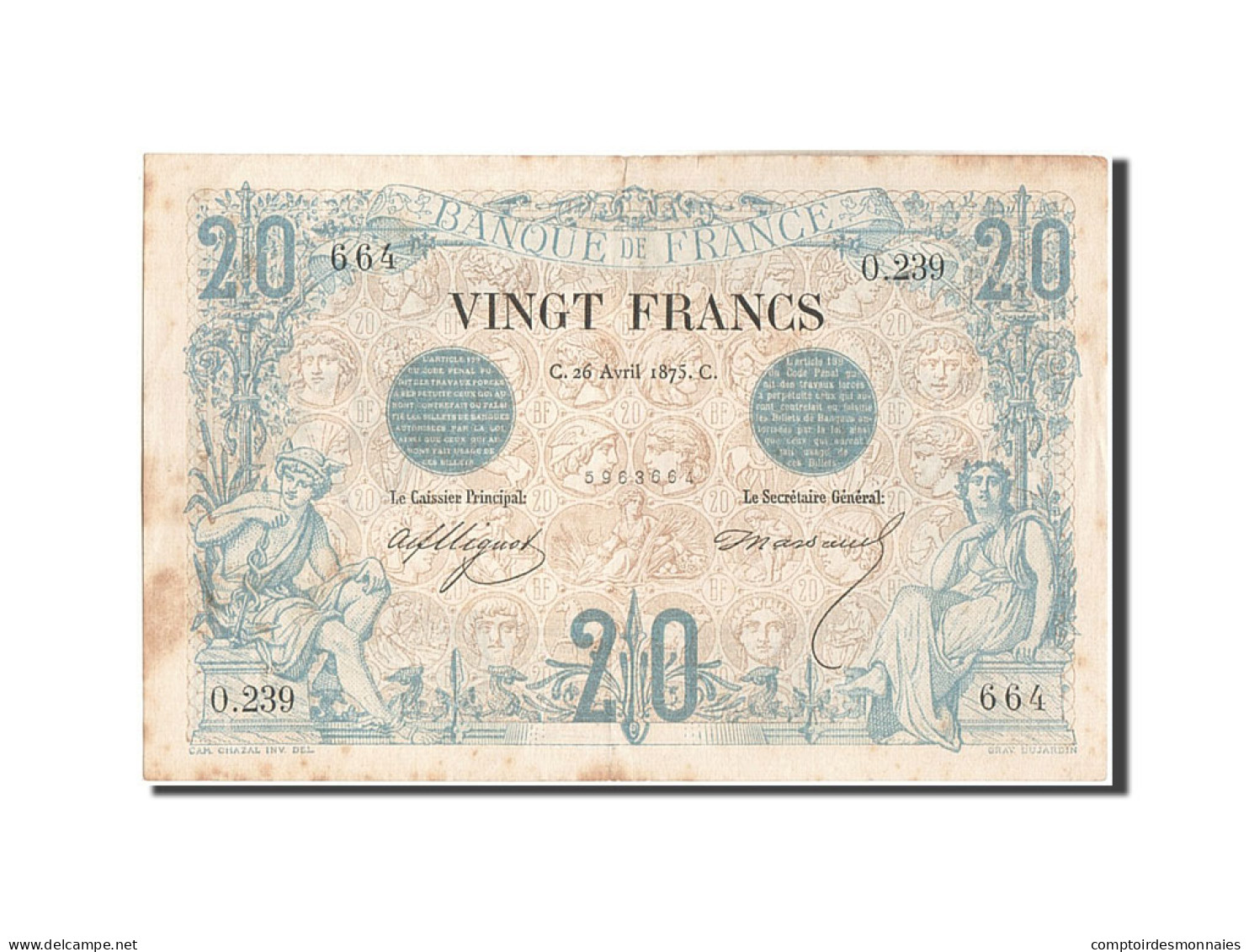 Billet, France, 20 Francs, 20 F 1874-1905 ''Noir'', 1870, 1875-04-26, TB+ - 20 F 1874-1905 ''Noir''