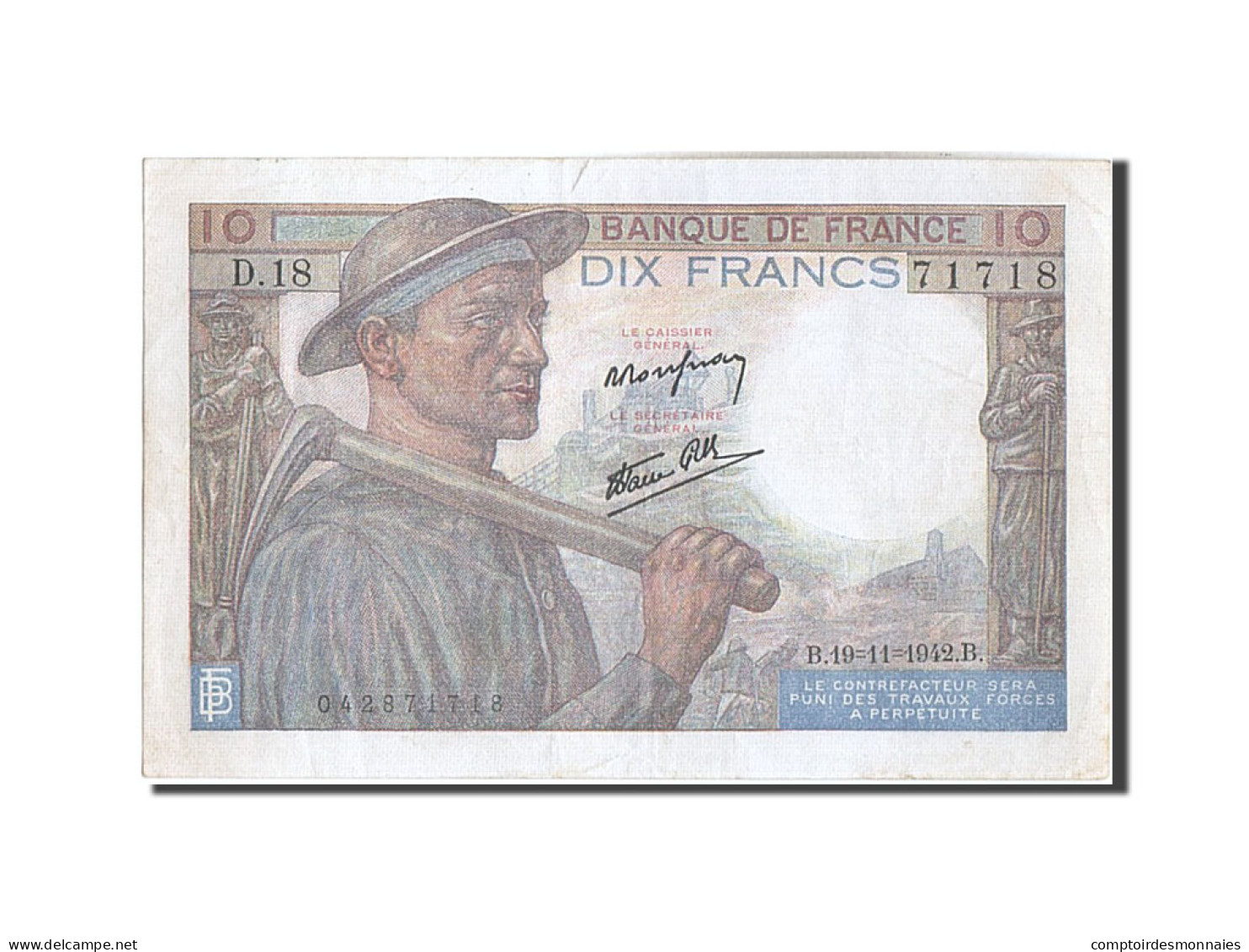 Billet, France, 10 Francs, 10 F 1941-1949 ''Mineur'', 1942, 1942-11-19, TTB+ - 10 F 1941-1949 ''Mineur''