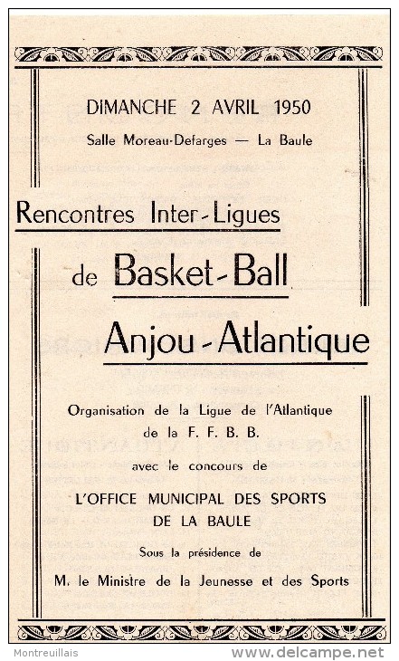 Rencontres Inter-ligues De BASKET-BALL Anjou-Atlantique, 1950, 2 Pages, LA BAULE (44) - Sonstige & Ohne Zuordnung