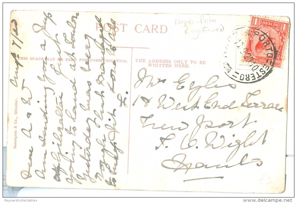 1920 Gibraltar Europa Lighthouse Pc Used Napoli Porto Estero Postmark To GB KGV Stamp To IOW - Gibraltar