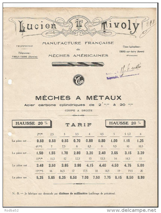 Publicité - Lucien Tivoly - Tarifs Des Mèches à Métaux - Tours Sur Isère - Pub - Mécanique - Savoie - 73 - Publicités