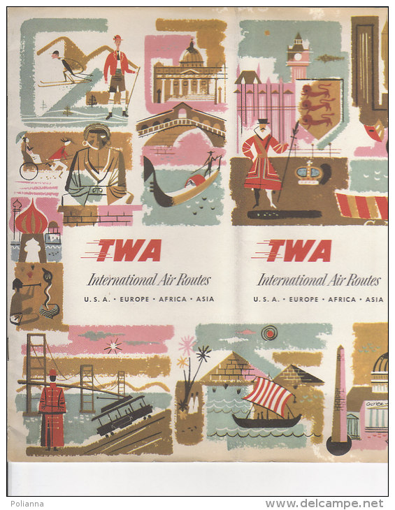 B1405 - Brochure Illustrata INTERNATIONAL AIR ROUTES TWA 1958/MAP/AVIAZIONE LINEE AEREE - Publicités