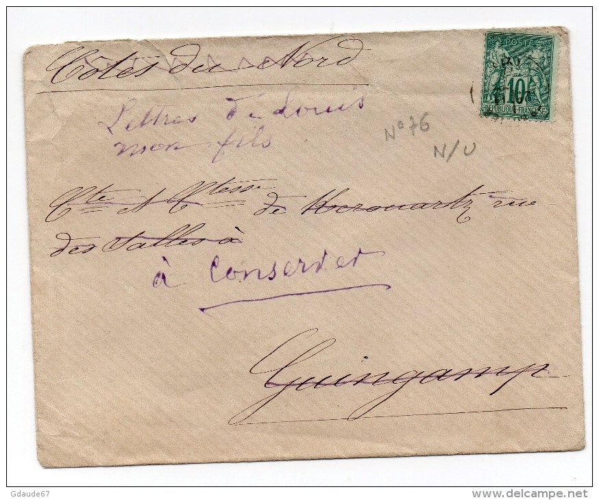 1877 - ENVELOPPE De TREGUIER (COTES D'ARMOR) Avec SAGE N° 76 - 1877-1920: Période Semi Moderne