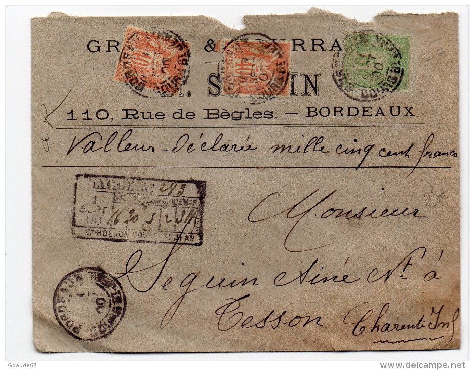 1900 - ENVELOPPE CHARGEE De BORDEAUX (GIRONDE) Avec SAGE - 1877-1920: Période Semi Moderne