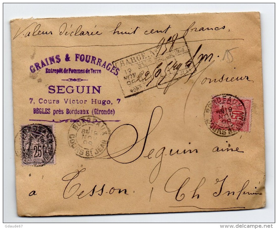 1898 - ENVELOPPE CHARGEE De BEGLES Près BORDEAUX (GIRONDE) Avec SAGE N° 97 & 98 - 1877-1920: Semi-Moderne