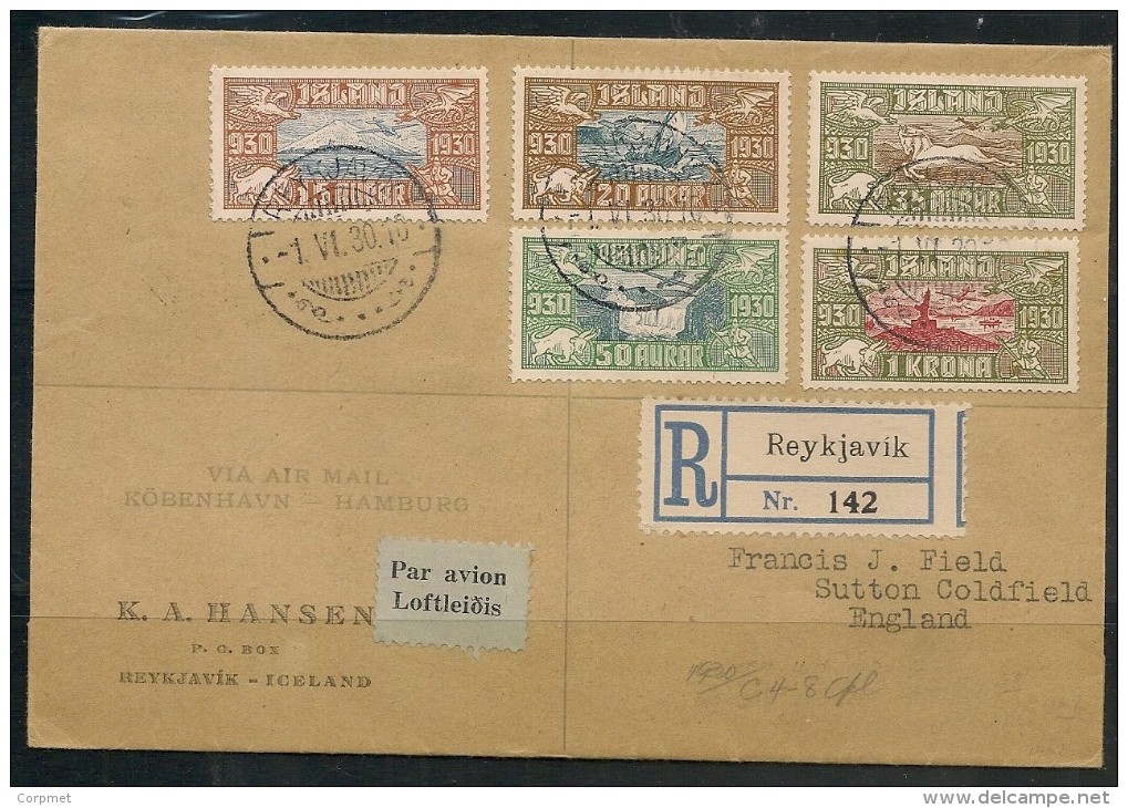 AEROPHILATELIE -vf  ICELAND - ISLAND - 1930 REGISTERED First Day COVER Reykjavik To England - Set Yv. # A4/A8 - Sc C4/C8 - Luchtpost