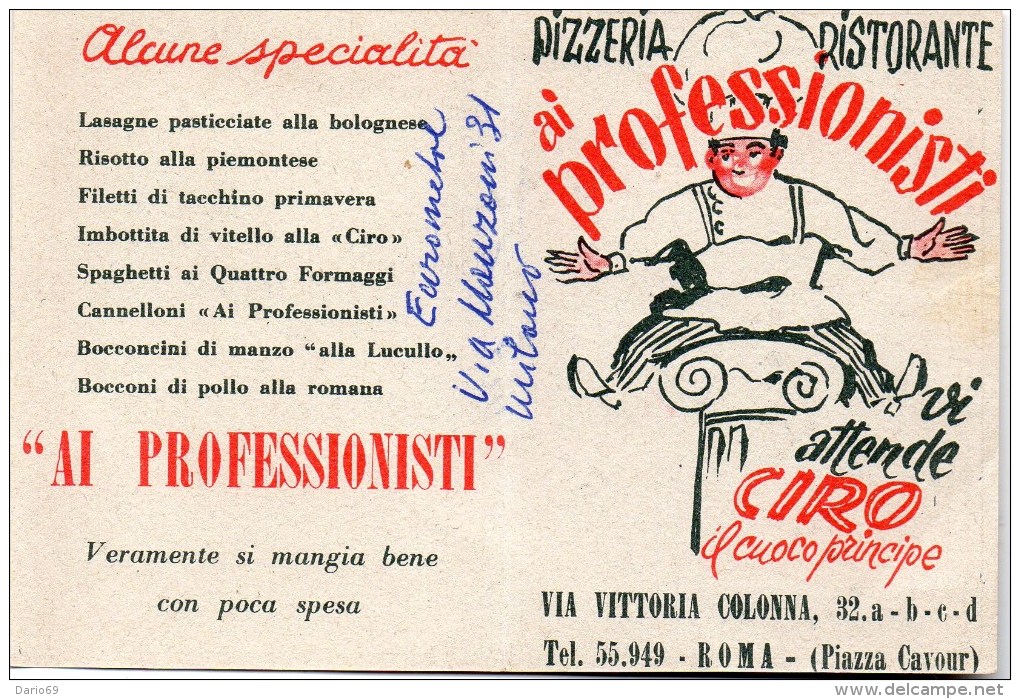 1951 CARTOLINA INTESTATA PIZZERIA RISTORANTE AI PROFESSIONISTI ROMA - Petit Format : 1941-60