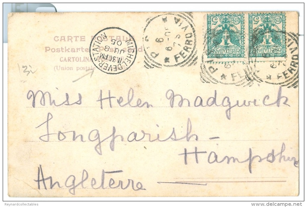 1905 Italy Pisa Pc To UK Micheldever Station Arrival Postmark. Pisa Ferrovia Square Circle Postmarks - Cartas & Documentos