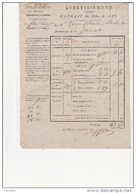 IMPOTS - ROLES DE 1813 -SOURCIEUX  -DEPARTEMENT DU RHONE- - Non Classés