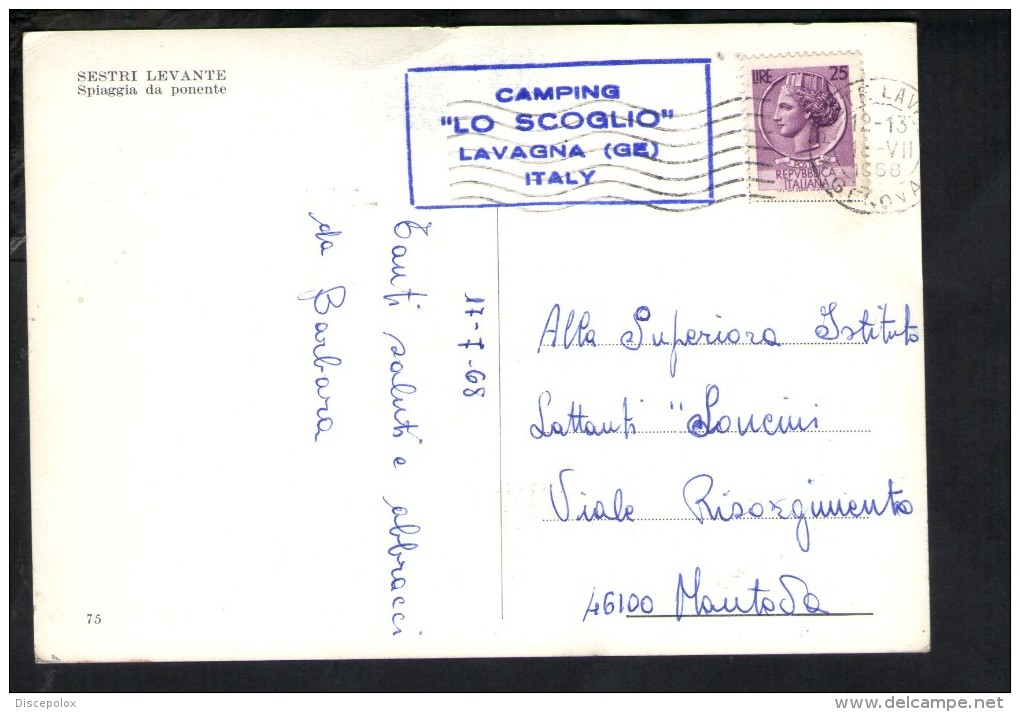 P1827 TARGHETTA STORIA POSTALE CAMPING LO SCOGLIO, LAVAGNA - ITALIA 1968 - CARTOLINA SESTRI LEVANTE - Other & Unclassified