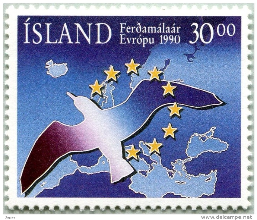 N° Yvert 683 - Timbre D´Islande (1990) - MNH - Oiseau Sur Carte D´Europe - Cercle D´Étoiles (JS) - Ungebraucht