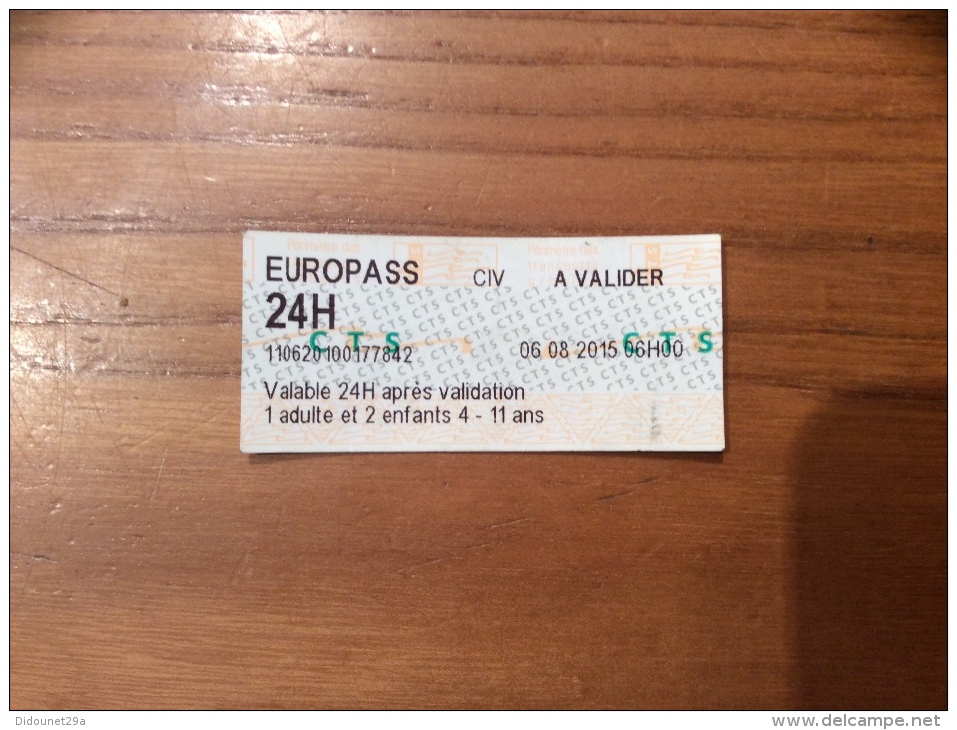 Ticket De Bus CTS (Compagnie De Transport Strasbourg) "EUROPASS 24H" - Europa