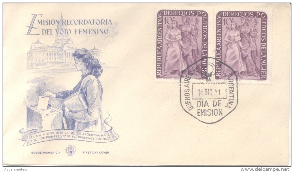 EVA PERON  DERECHOS POLITICOS DE LA MUJER  PERONISME JUSTICIALISMO FDC      ARGENTINA  EMISION RECORDATORIA VOTO FEMENIN - FDC