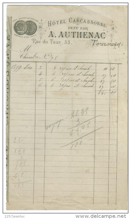 Facture De L'Hotel Carcasonne à Toulouse Vers 1910 - Sport & Tourismus