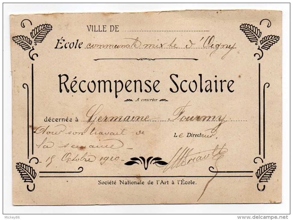 Ecole Communale Mixte  D´OIGNY--Récompense Scolaire Décernée à Germaine FOURMY Pour Travail En 1920-PUVIS DE CHAVANNES - Diplômes & Bulletins Scolaires