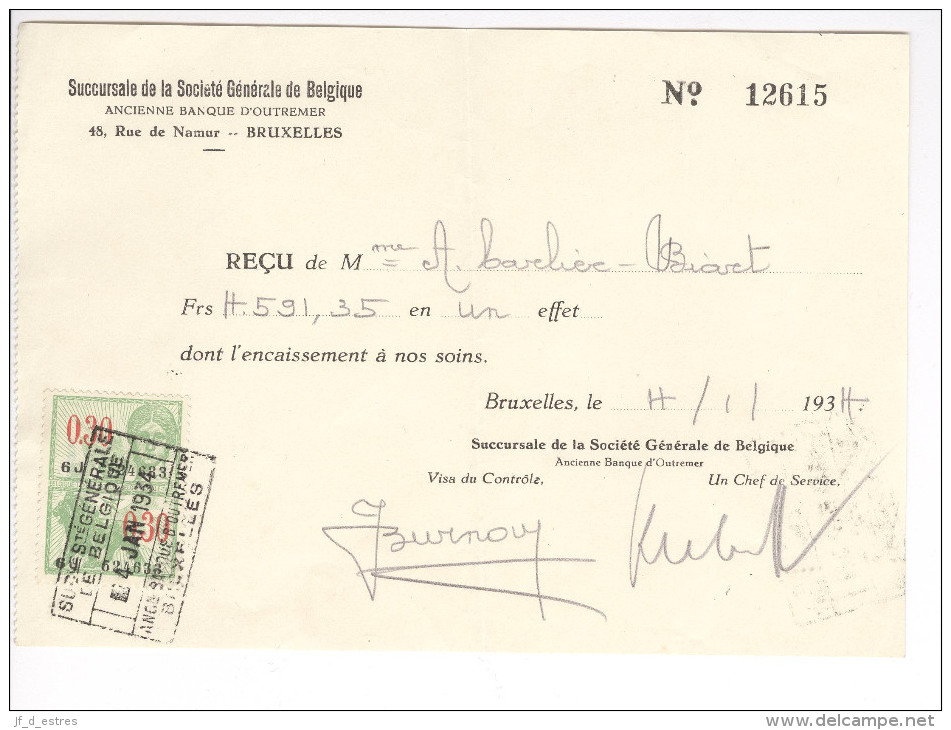 Société Générale De Belgique. Ancienne Banque D'Outremer. Bruxelles. Reçu Timbre Fiscal 1934 - Bank & Versicherung