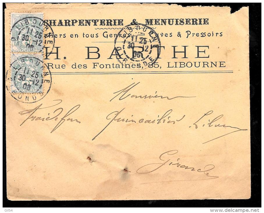 YVERT N°111 SUR LSC 0 ENTETE COMMERCIALE Obli. Type 84 Libourne En 1908  Lot 8022 - 1900-29 Blanc