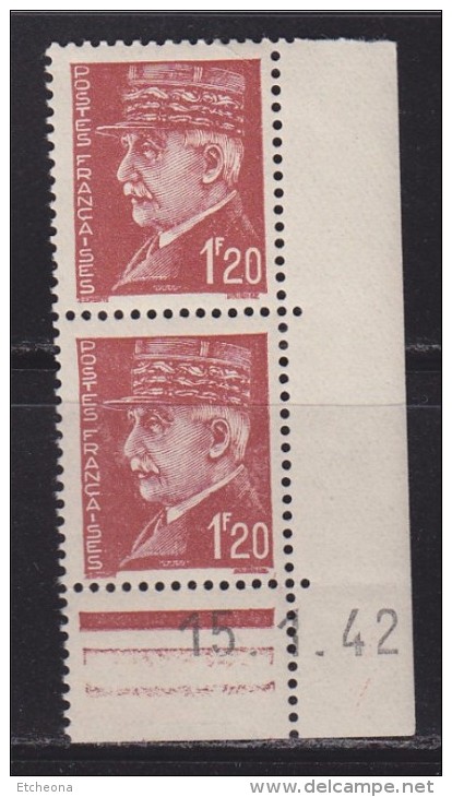 = Effigie Du Maréchal Pétain 1f20 Brun-rouge N°515 Neuf Gommé Bloc De 2 Daté 15.1.42 Type Hourriez - 1941-42 Pétain