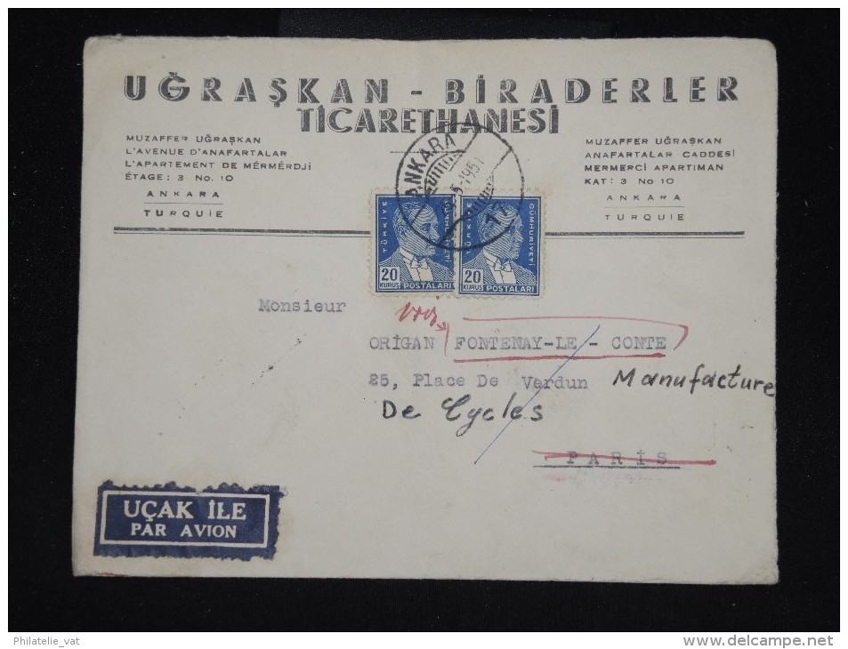 TURQUIE - Enveloppe Commerciale Ankara Pour Paris Par Avion ( étiquette) En 1951 - Aff. Plaisant - à Voir - Lot P10058 - Briefe U. Dokumente