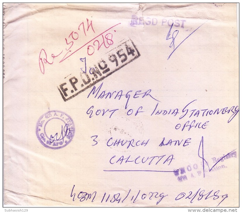 INDIA COMMERCIAL COVER POSTED FROM FIELD POST OFFICE - F.P.O. NO. 954 - Covers & Documents