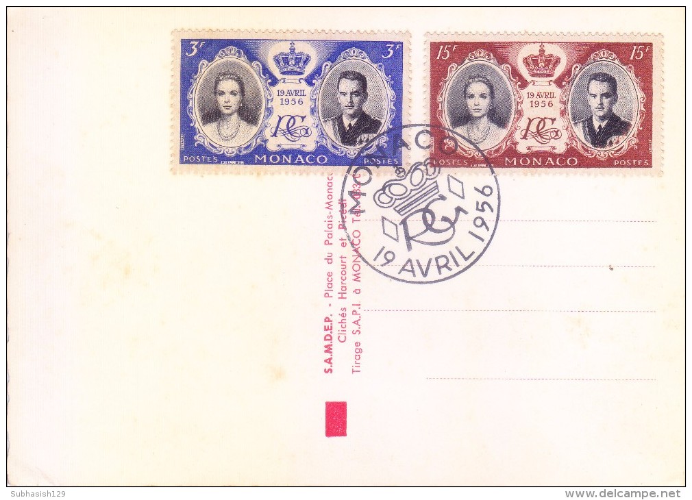 MONACO FIRST DAY CANCELLATION ON PICTURE POST CARD 19.04.1956 - STAMP OF PRINCE & PRINCESS ON PICTURE CARD OF THEM - Covers & Documents