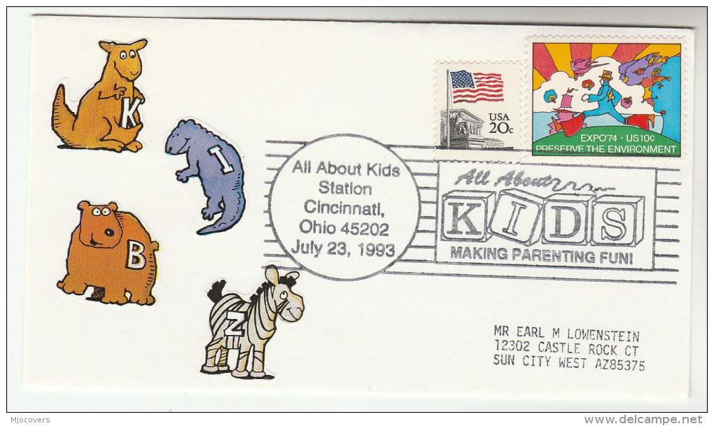 1993 'ALL ABOUT KIDS' Cincinnati USA EVENT COVER Stamps KANGAROO ZEBRA BEAR Label - Other & Unclassified