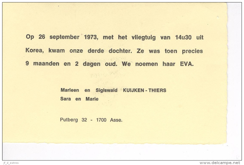 Faire-part Adoption Eva Kuijken Asse 26 September 1973 - Birth & Baptism
