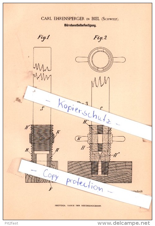 Original Patent - Carl Ehrensperger In Biel / Bienne  , 1888 , Bürstenstielbefestigung !!! - Documents Historiques