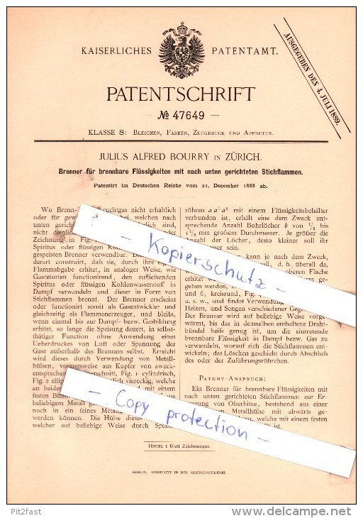 Original Patent - Julius Alfred Bourry In Zürich , 1888 , Brenner Für Brennbare Flüssigkeiten !!! - Documenti Storici