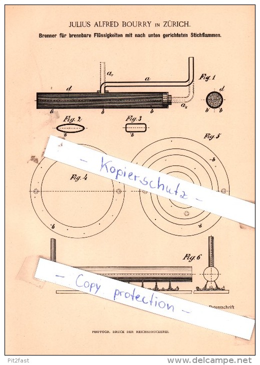 Original Patent - Julius Alfred Bourry In Zürich , 1888 , Brenner Für Brennbare Flüssigkeiten !!! - Documents Historiques