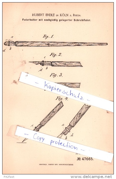 Original Patent - Hubert Erdle In Köln A. Rhein , 1888 , Federhalter Mit Schreibfeder !!! - Schreibgerät