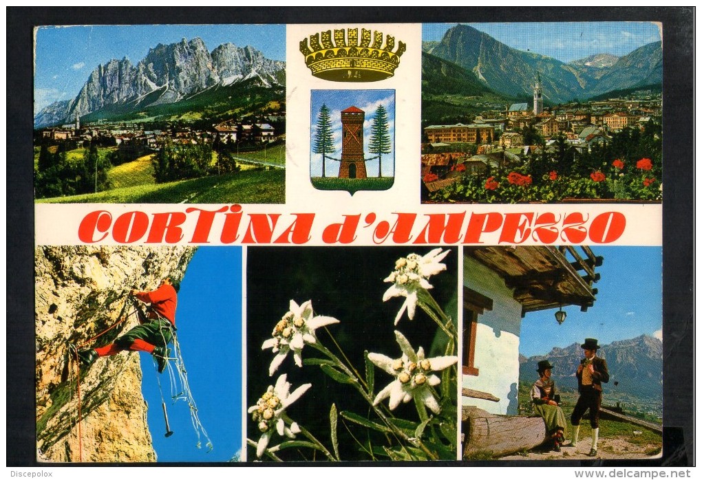 P1923 CORTINA D'AMPEZZO ( Belluno ) MULTIPLA CON SCALATORI E STEMMA - VIAGGIATA 1982 - Altri & Non Classificati